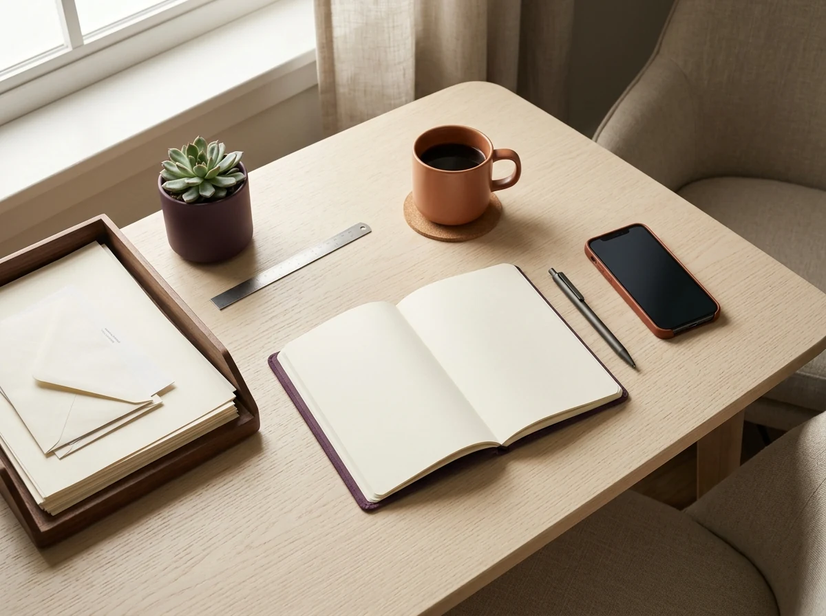 Neatly arranged workspace with an open notebook, desk items, and neutral documents under soft natural window light