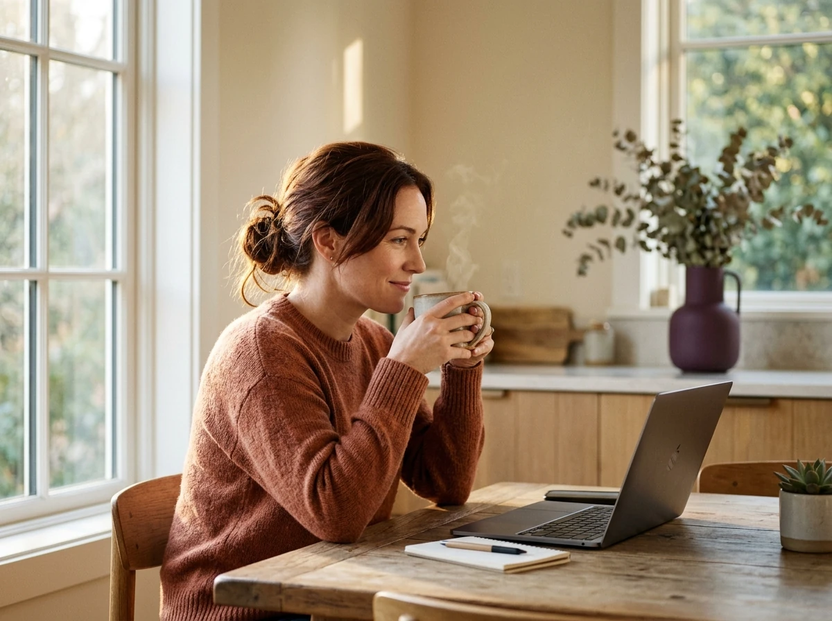 Dignified woman drinking warm tea while reviewing consultation information on a laptop in a sunlit home